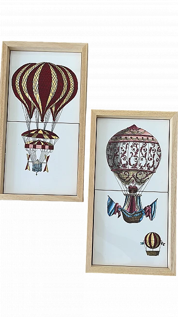 Pair of framed Flying Machines tiles by Piero Fornasetti