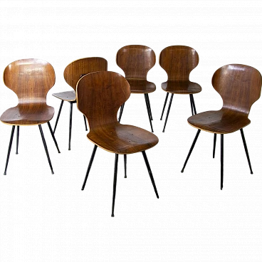 6 Chairs in curved wood & iron by C. Ratti for I. Legni Curvati, 1950s