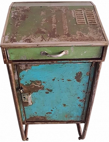 Industrial cabinet in metal with door and drawer, 1950s