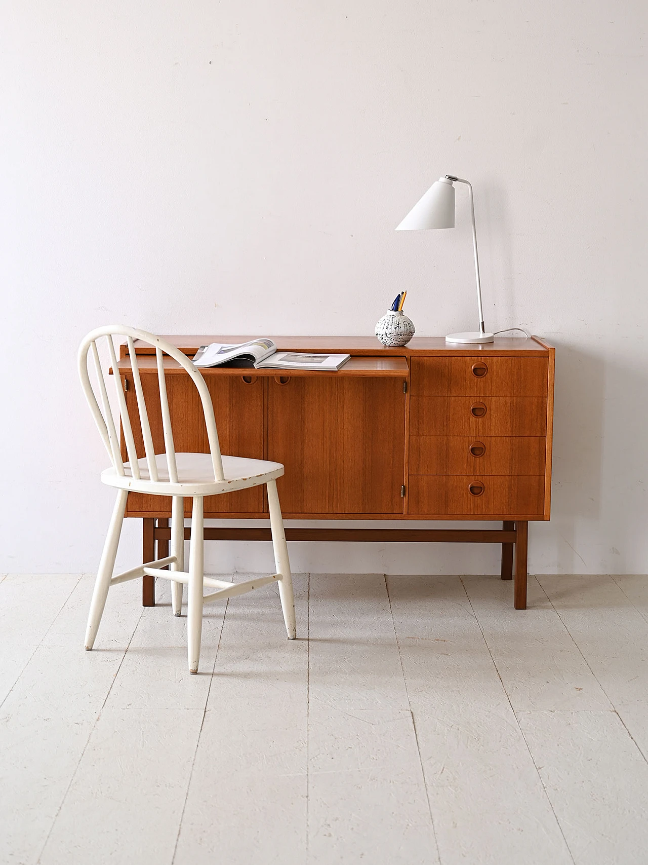 Credenza in teak con scrittoio, anni '60 1