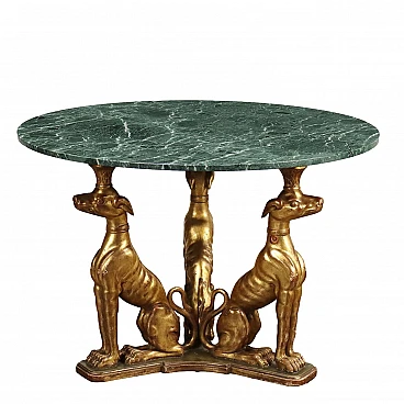 Marble round table with wooden greyhound sculptures,early 20th century