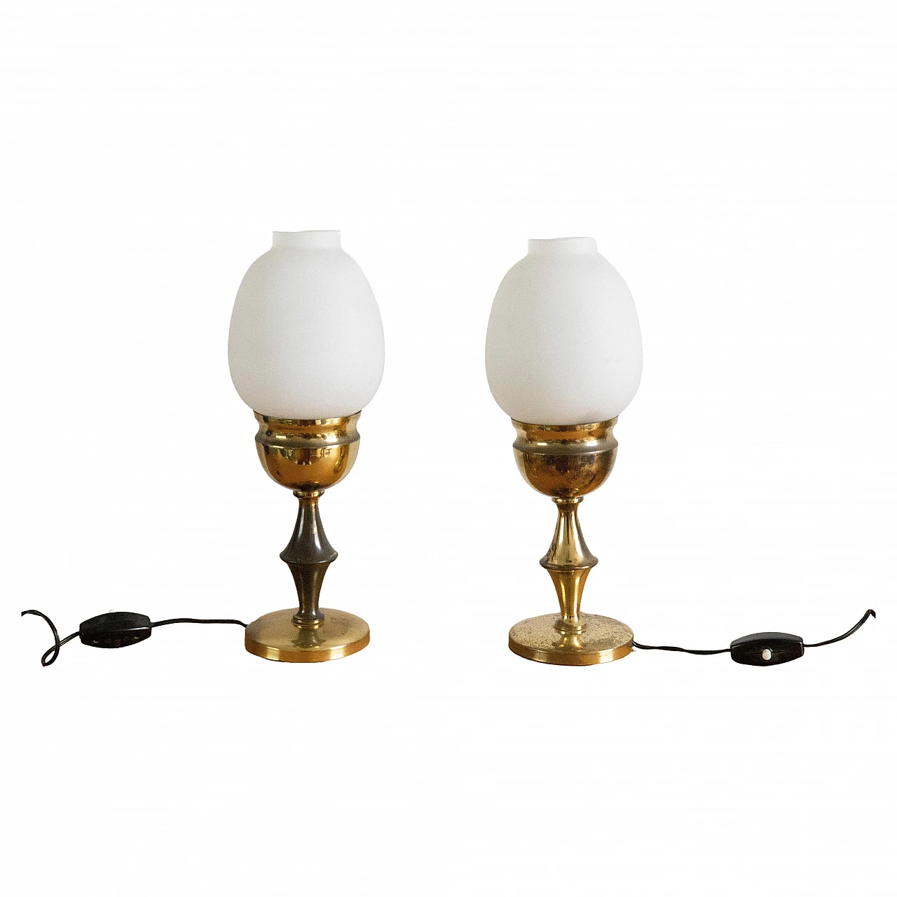 Pair of table lamps in brass & opaline glass, 1950s 1