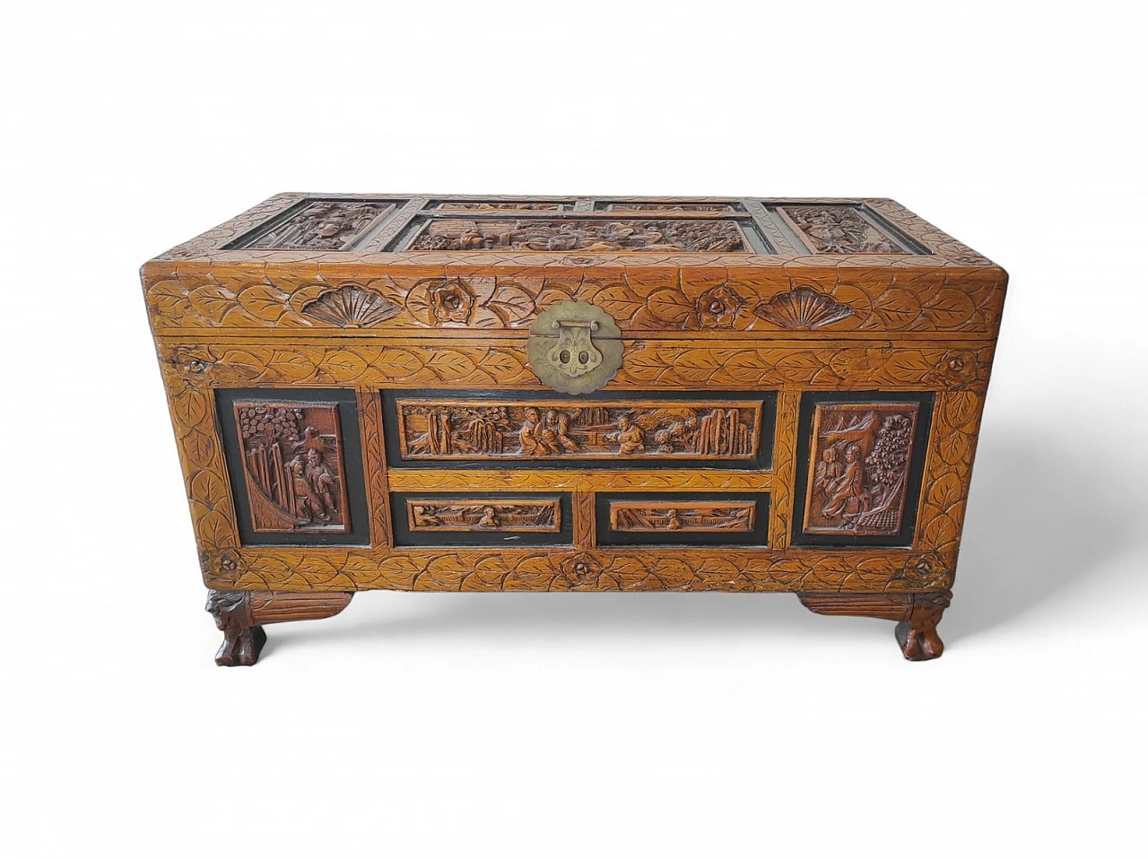 Wooden trunk with Asian figures, 1950s 1