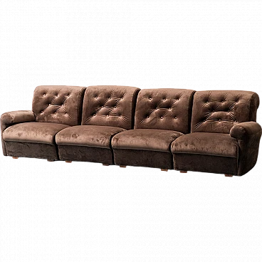 Brown velvet four-seater modular sofa, 1970s