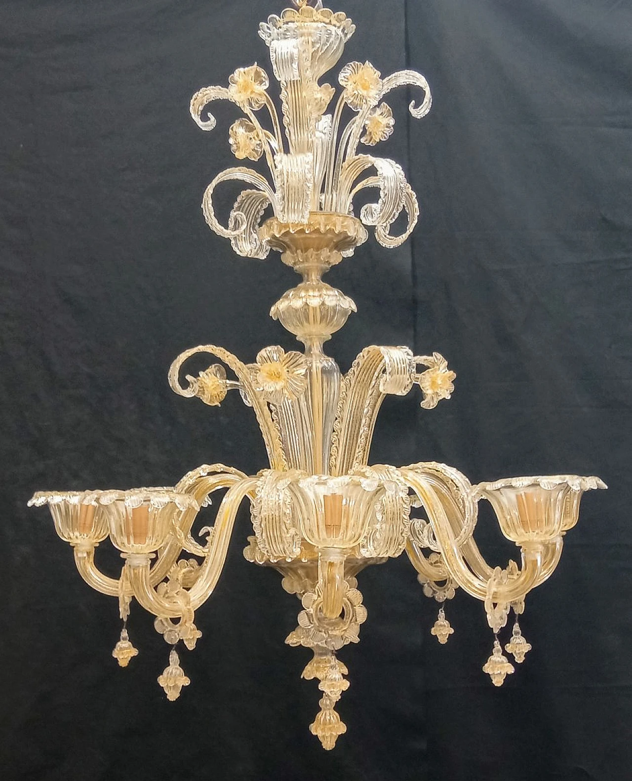 Lampadario in vetro di Murano in foglia oro, anni '70 1