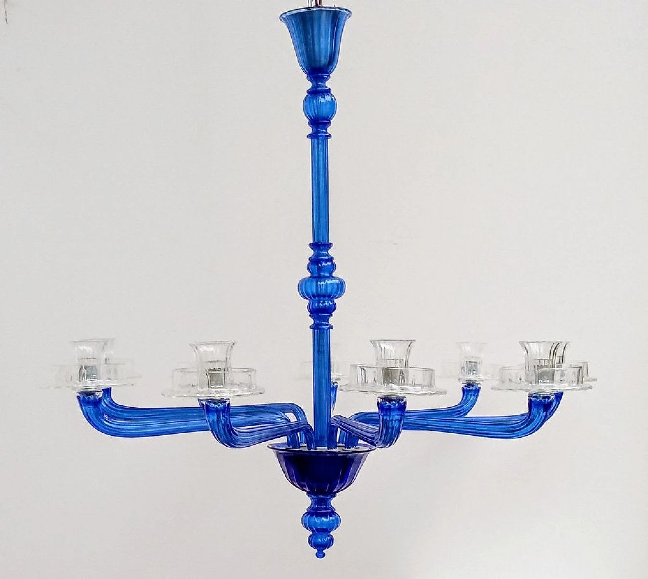 Lampadario in vetro di Murano blu e trasparente di Venini, 1993 1