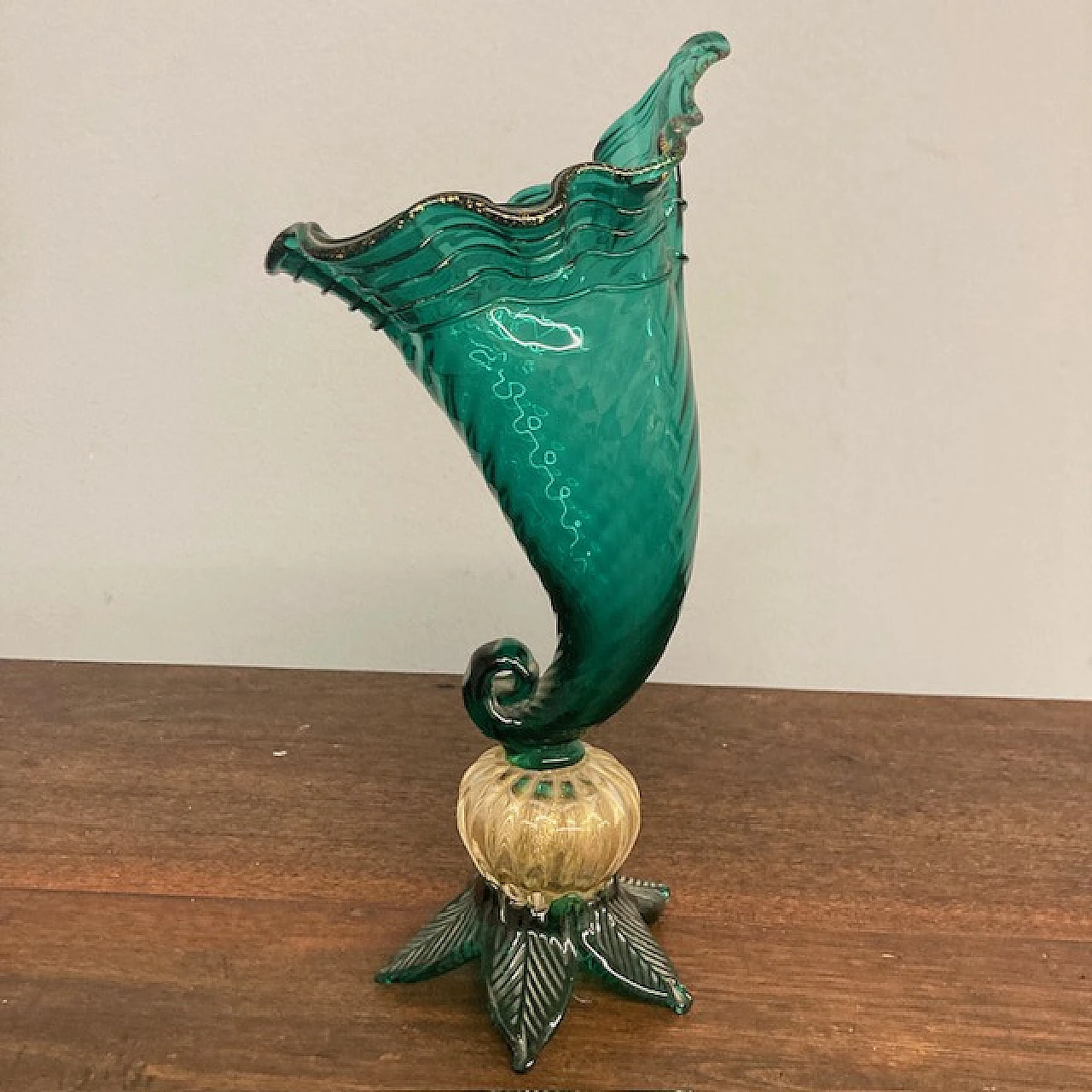 Emerald green and gold powdered glass cornucopia vase, 1950s 1