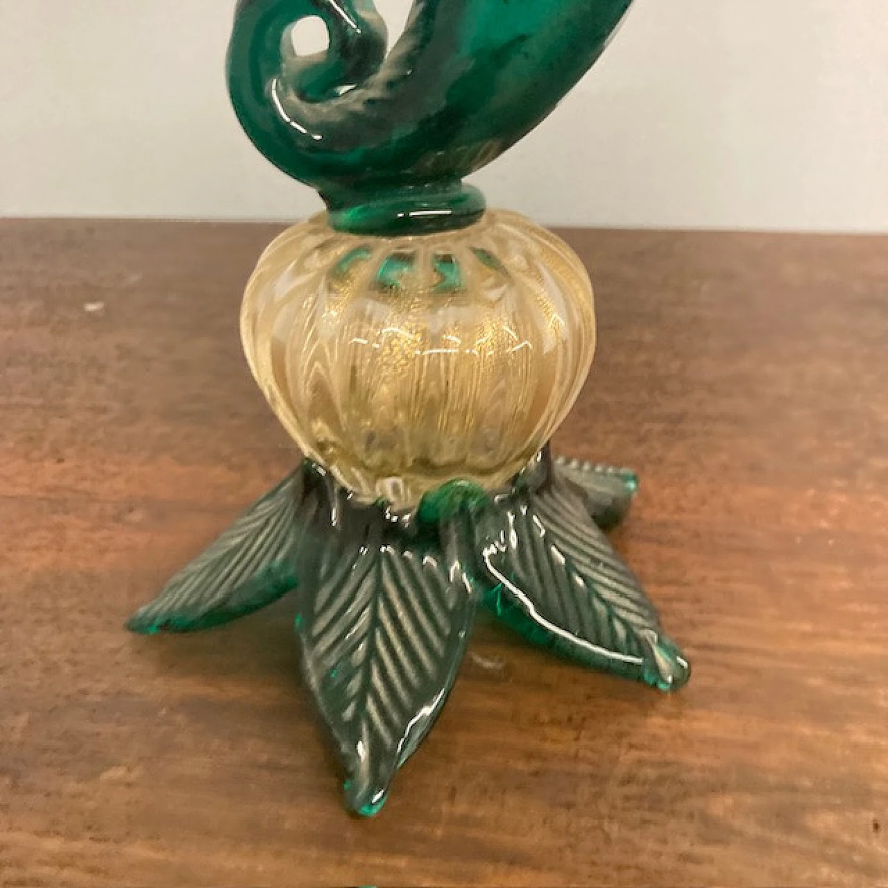 Emerald green and gold powdered glass cornucopia vase, 1950s 2