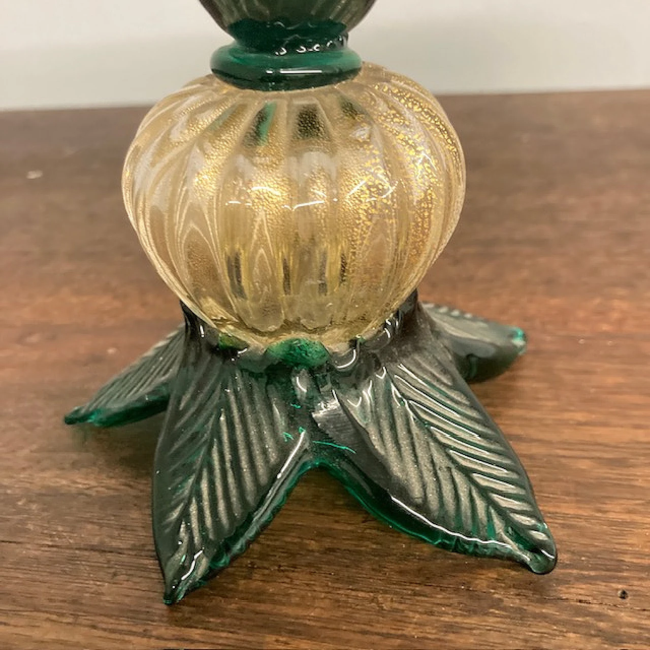 Emerald green and gold powdered glass cornucopia vase, 1950s 3