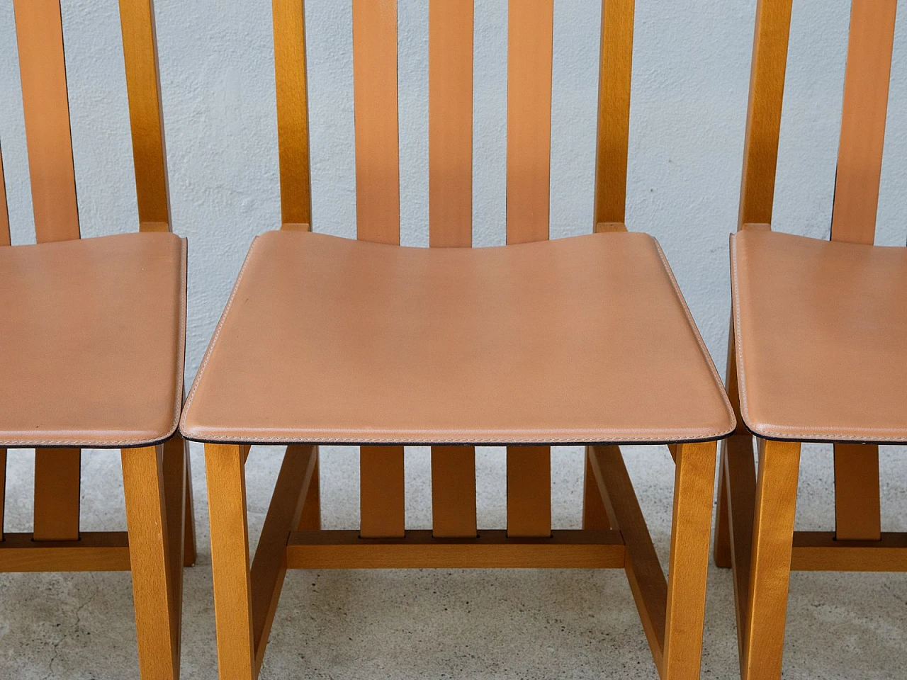 4 Wood and leather chairs by Bross Company, 1980s 12