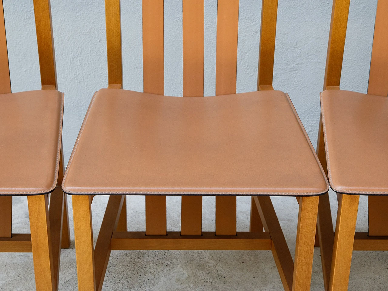 4 Wood and leather chairs by Bross Company, 1980s 13