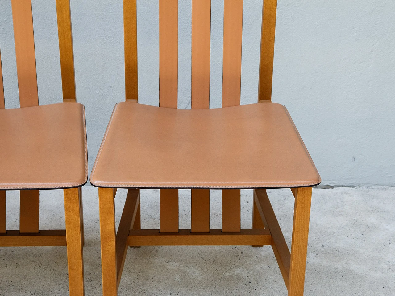 4 Wood and leather chairs by Bross Company, 1980s 14