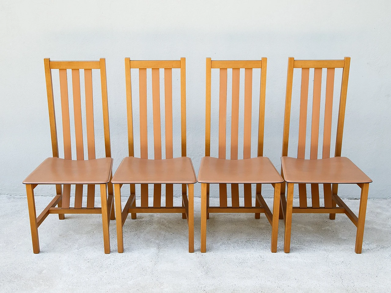 4 Wood and leather chairs by Bross Company, 1980s 17