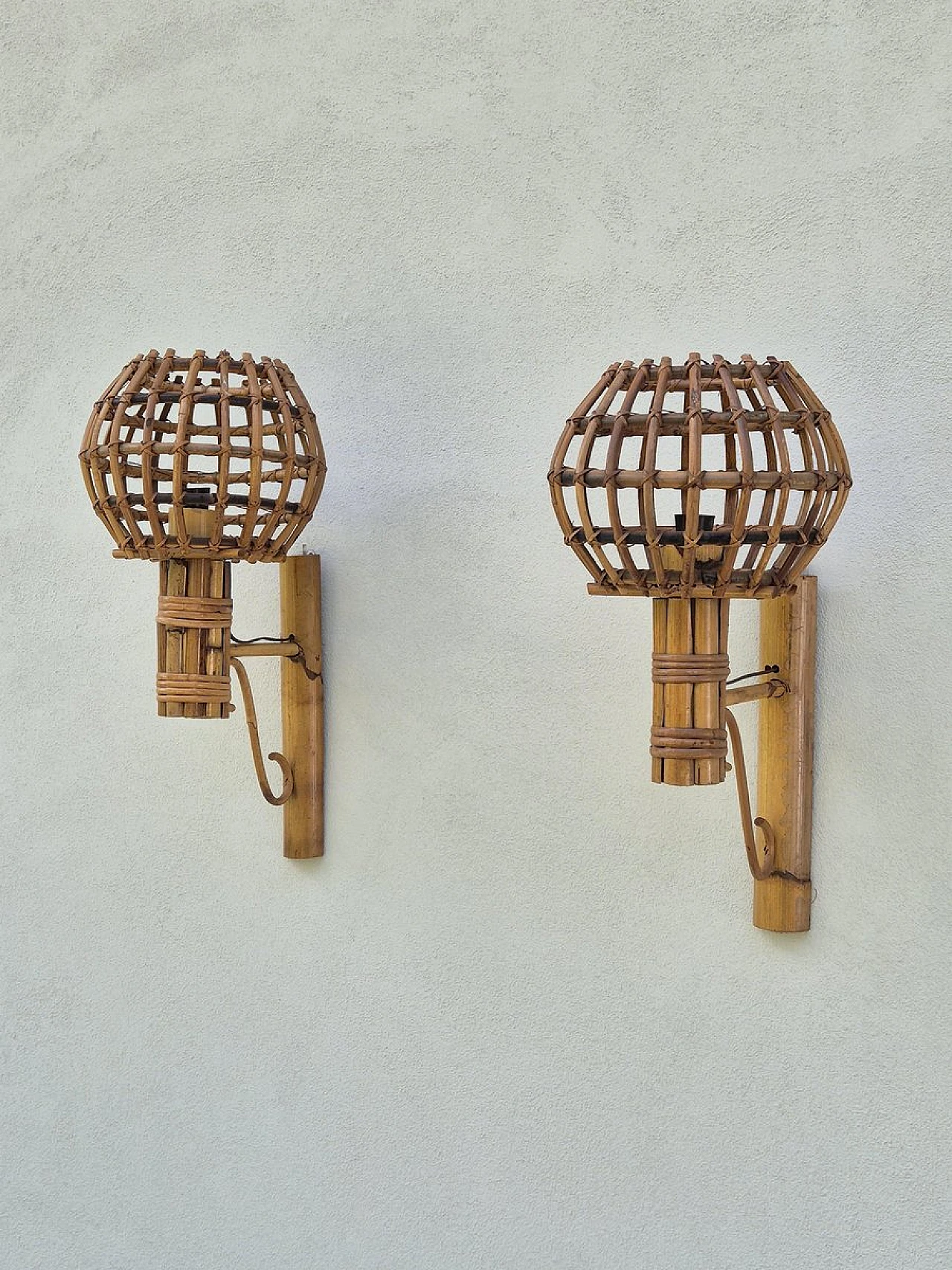 Pair of bamboo wall lamps, 1970s 1