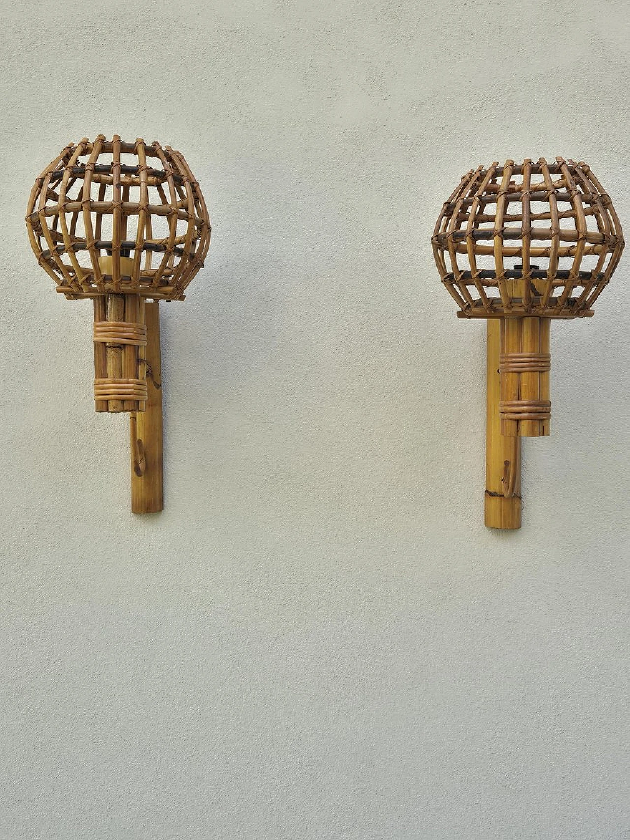 Pair of bamboo wall lamps, 1970s 2