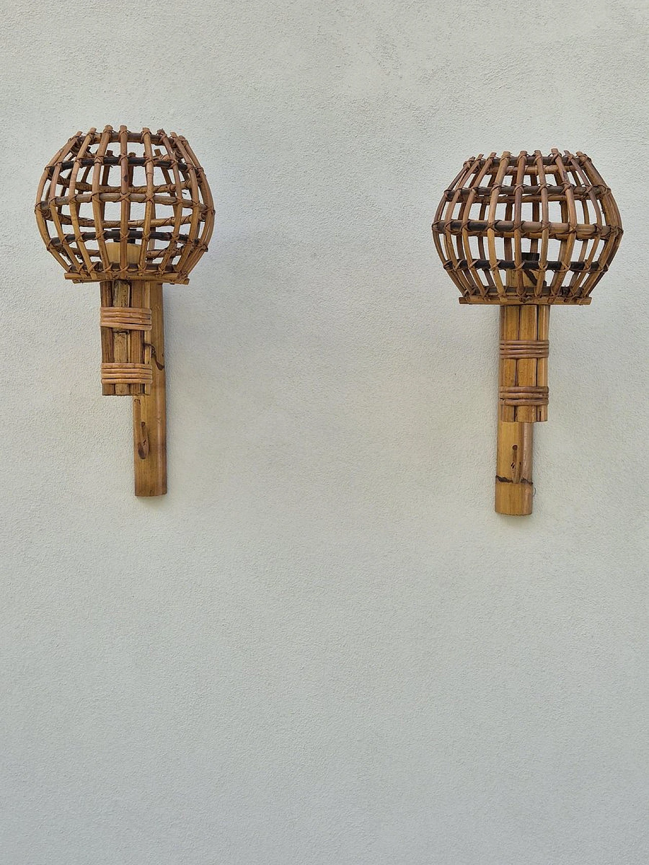 Pair of bamboo wall lamps, 1970s 3