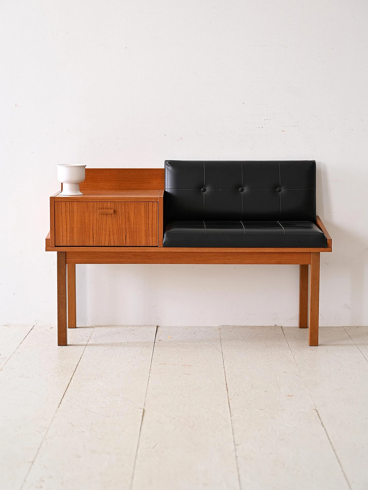 Scandinavian wooden bench with upholstered seat, 1960s 1