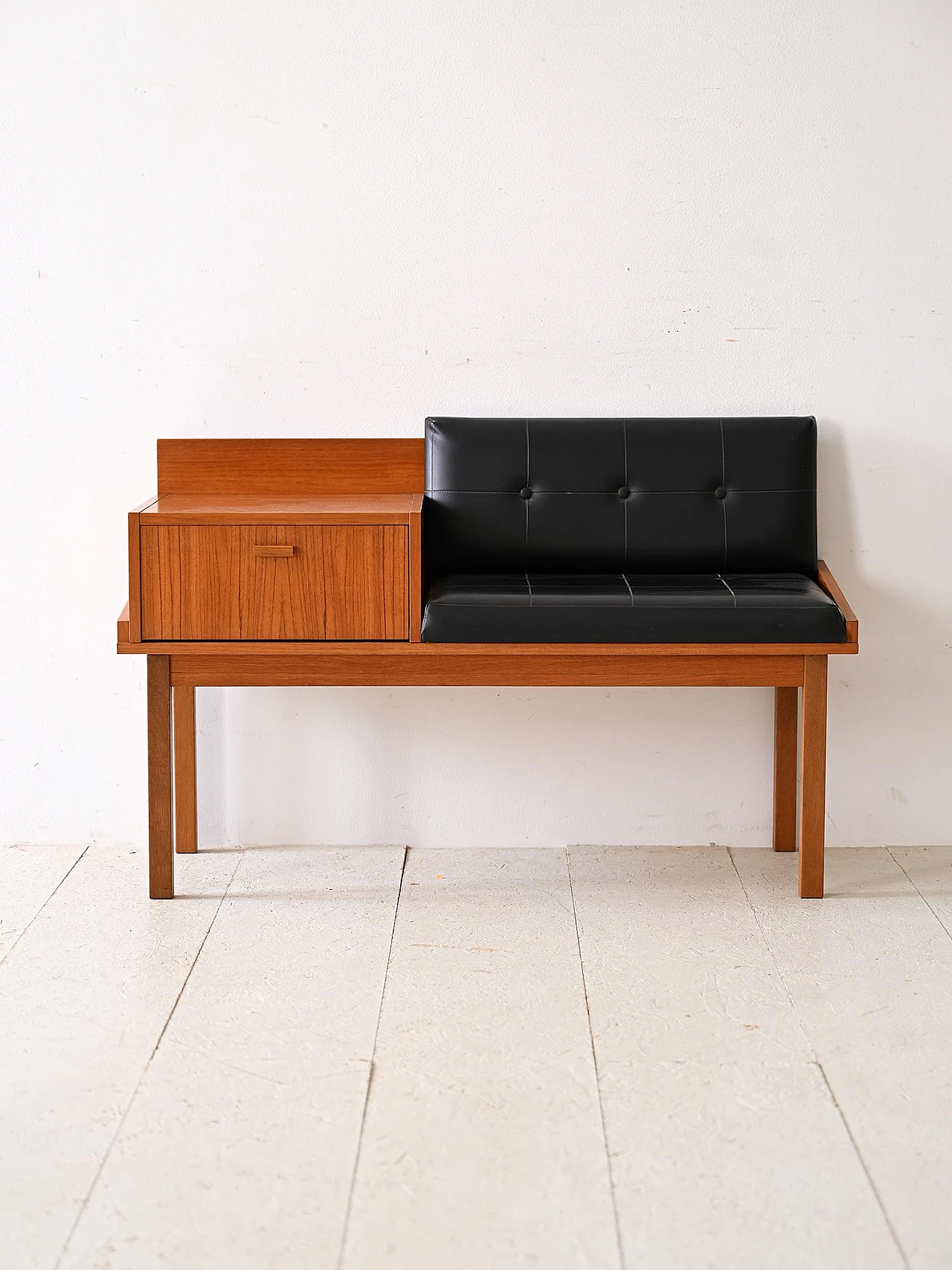 Scandinavian wooden bench with upholstered seat, 1960s 2