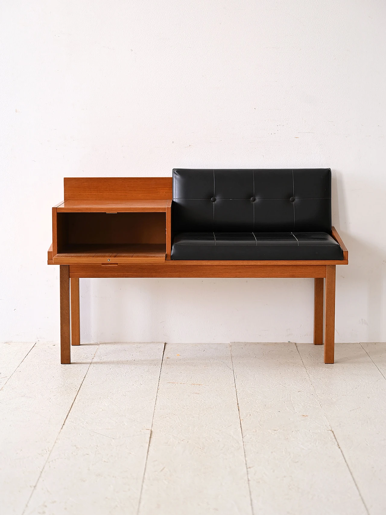 Scandinavian wooden bench with upholstered seat, 1960s 3