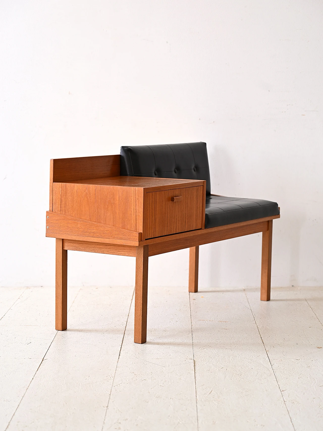 Scandinavian wooden bench with upholstered seat, 1960s 4