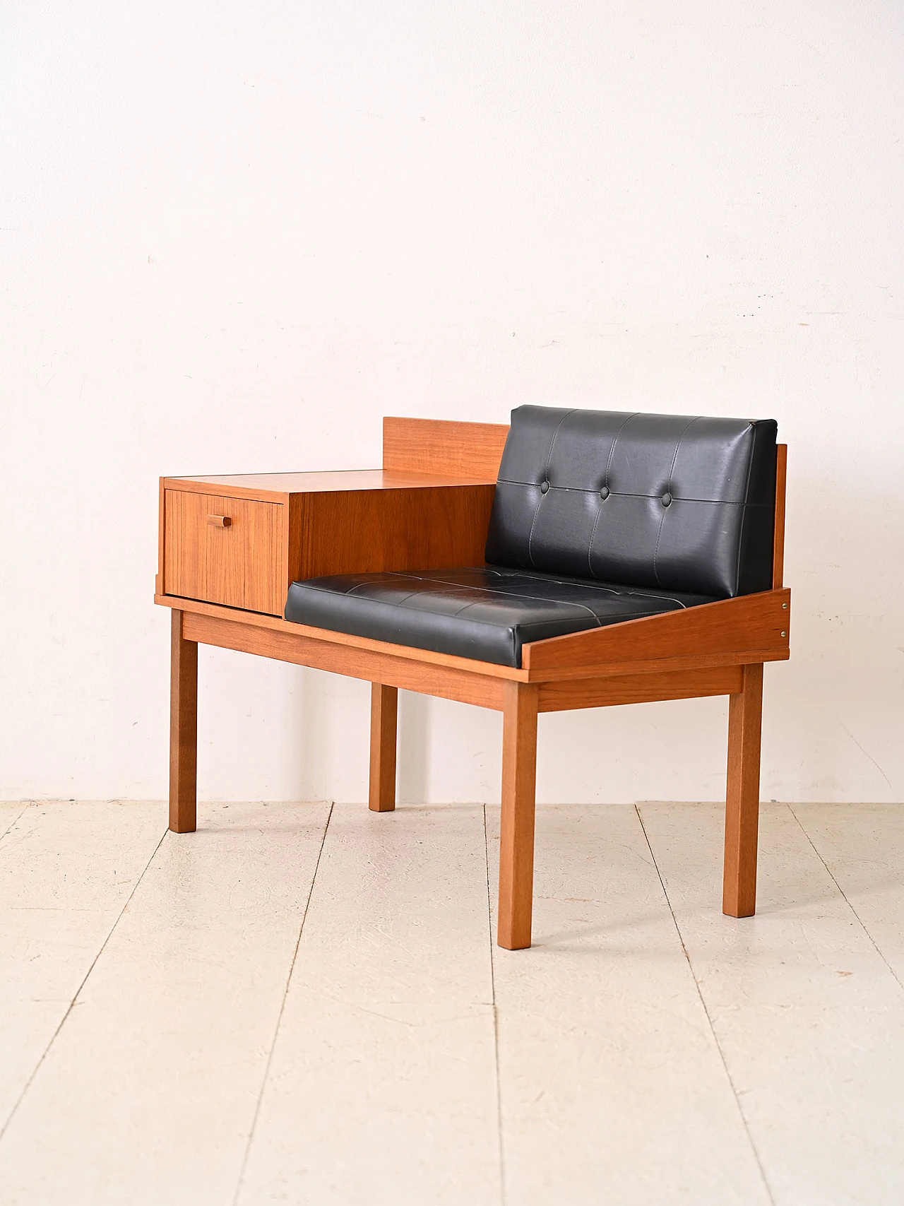 Scandinavian wooden bench with upholstered seat, 1960s 5