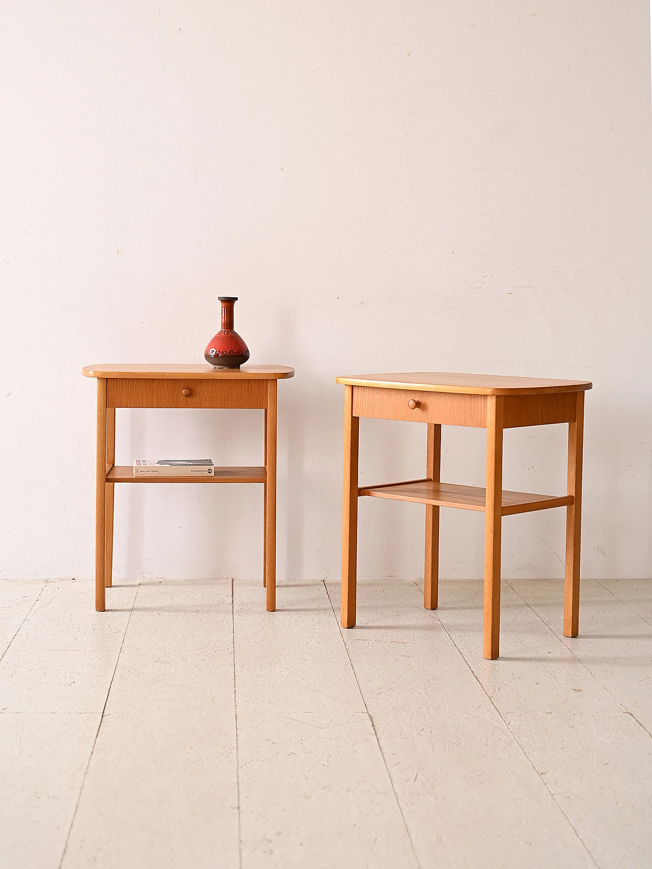 Pair of oak wood bedside tables with drawer, 1960s 1