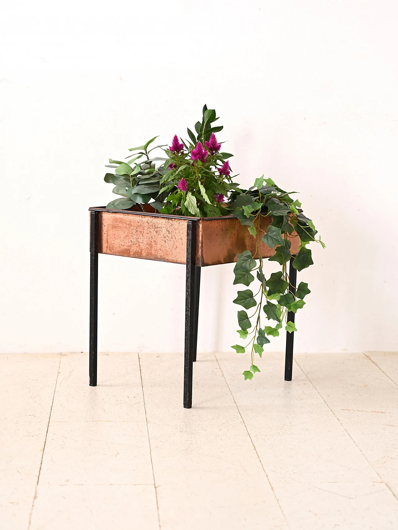 Square black metal and copper planter, 1960s 1