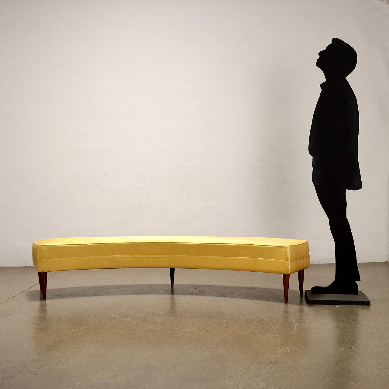 Curved and padded bench in yellow satin & wooden legs, 1950s 2