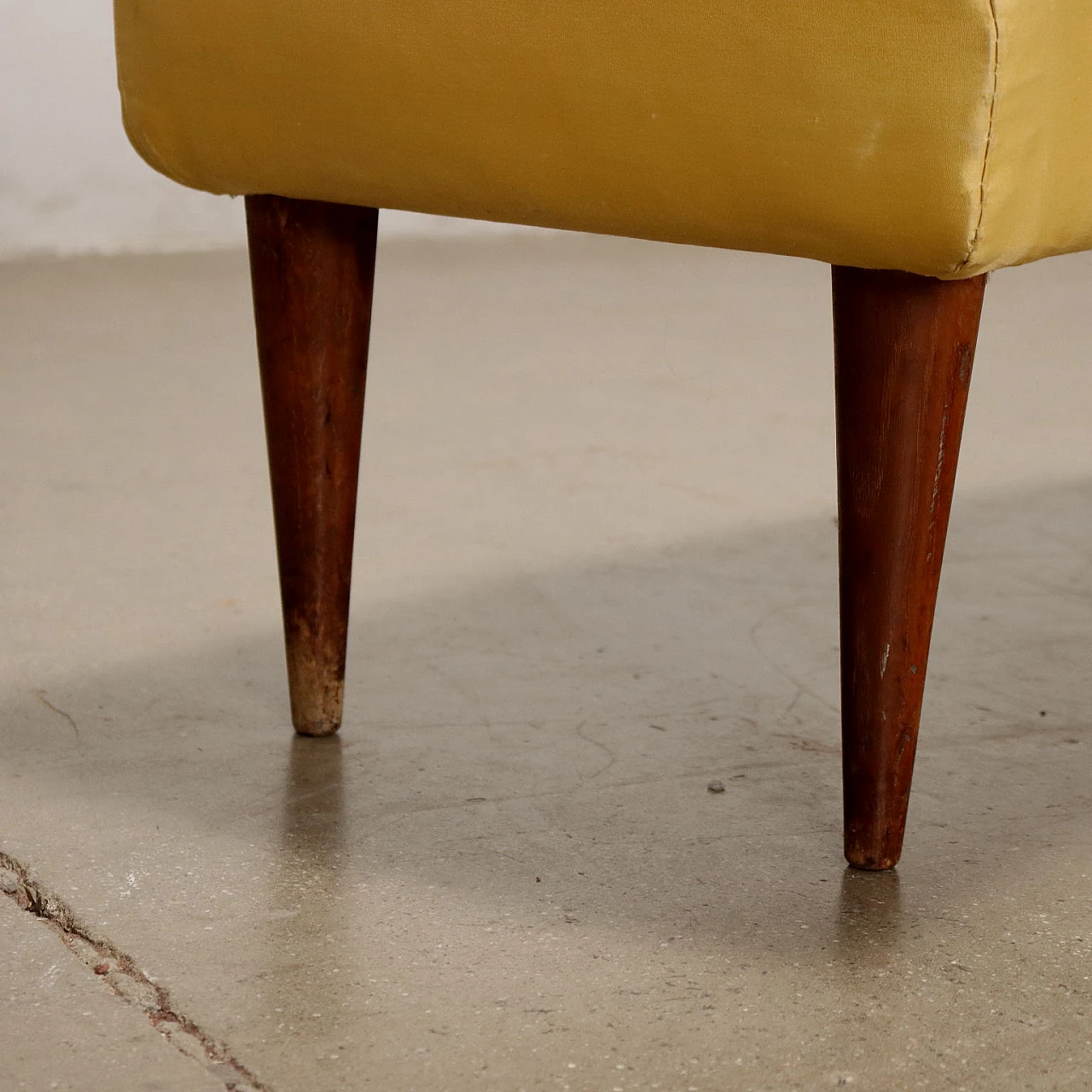 Curved and padded bench in yellow satin & wooden legs, 1950s 3