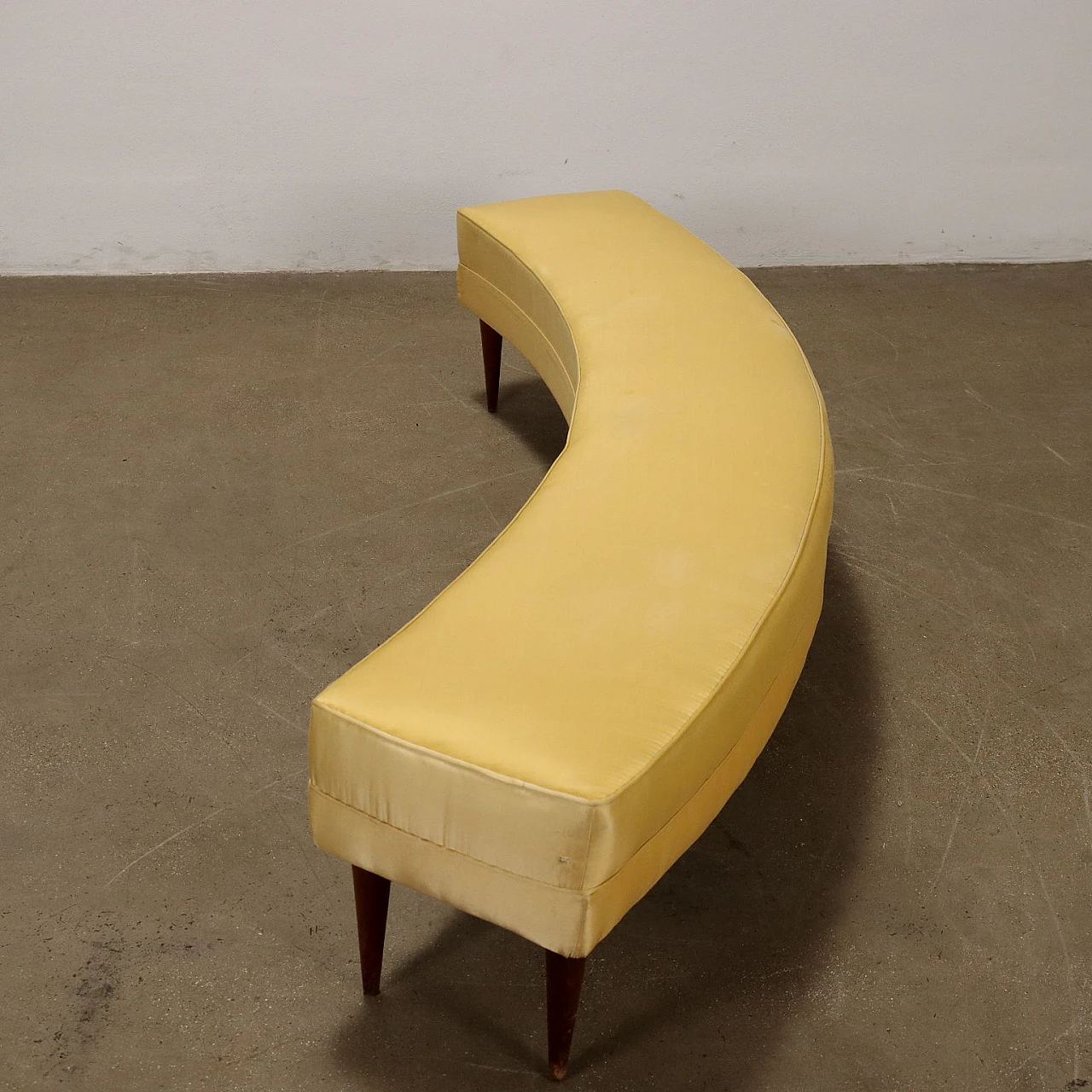 Curved and padded bench in yellow satin & wooden legs, 1950s 4