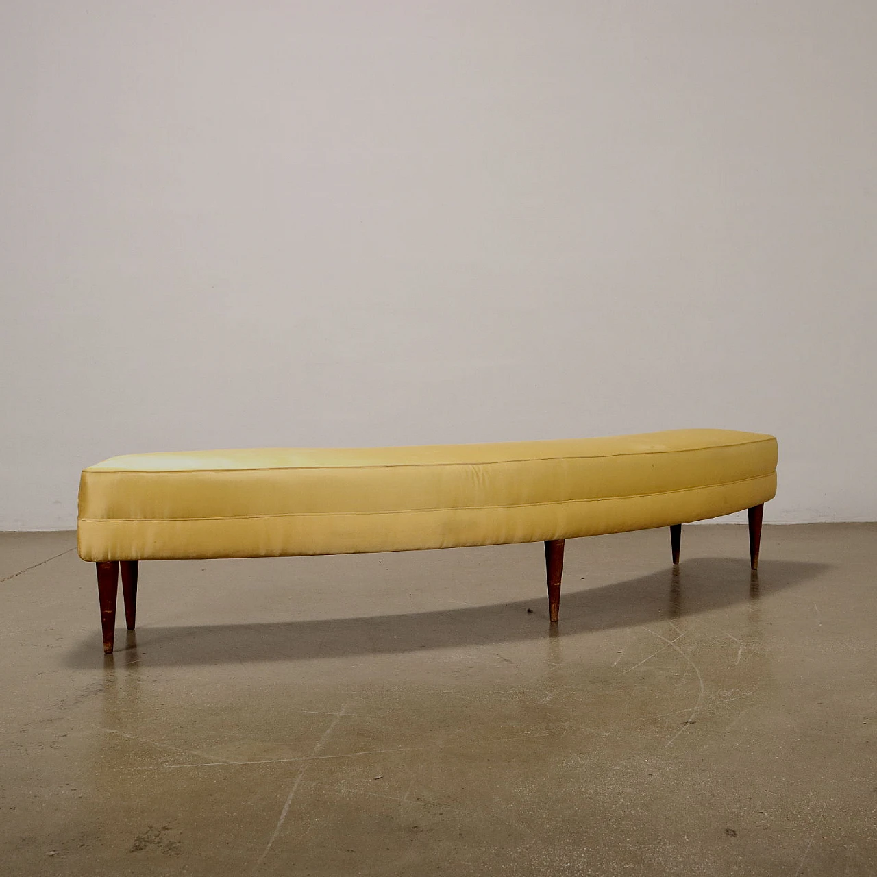 Curved and padded bench in yellow satin & wooden legs, 1950s 7