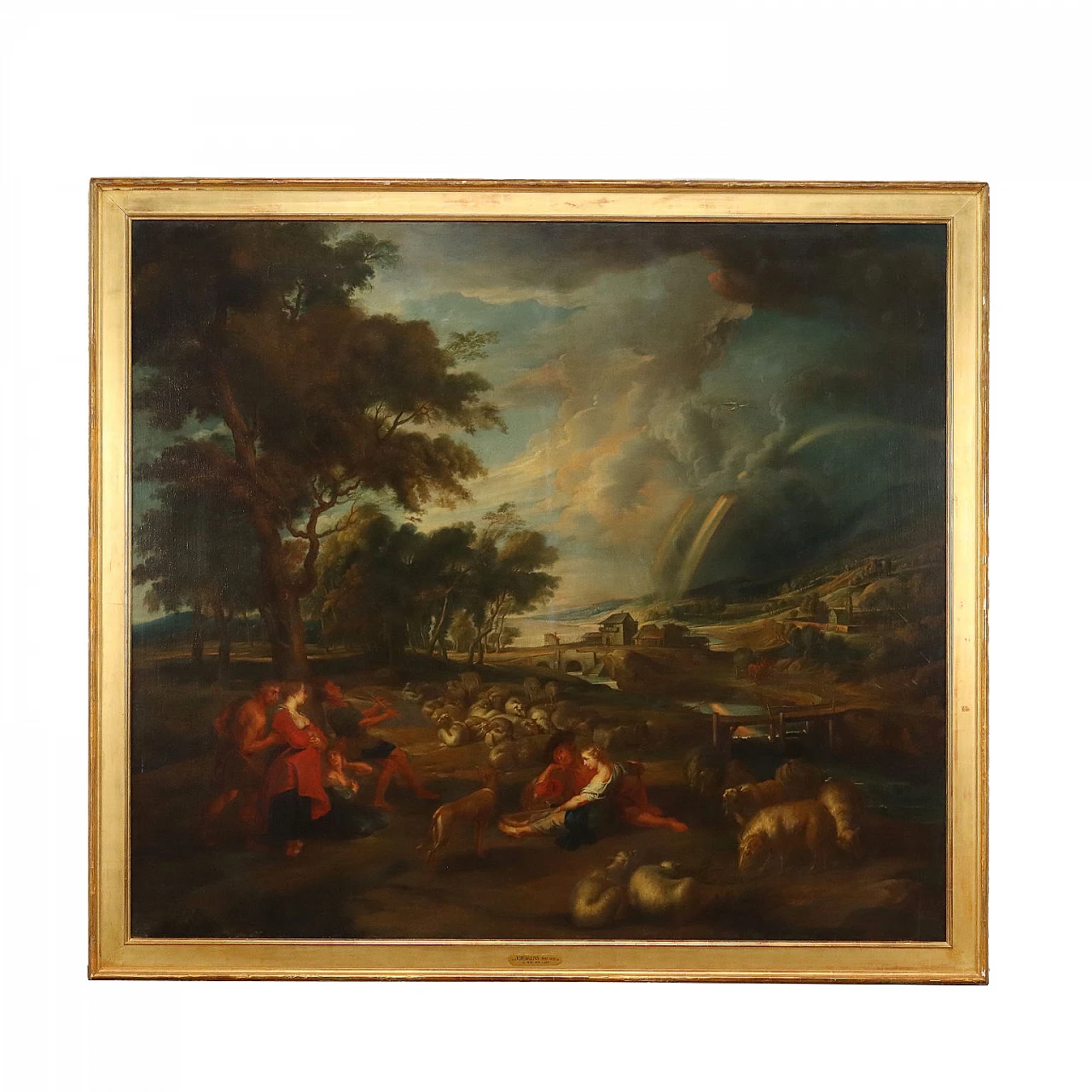 Landscape with rainbow, oil painting on canvas attributed to Jacob Jordaens, 18th century 1