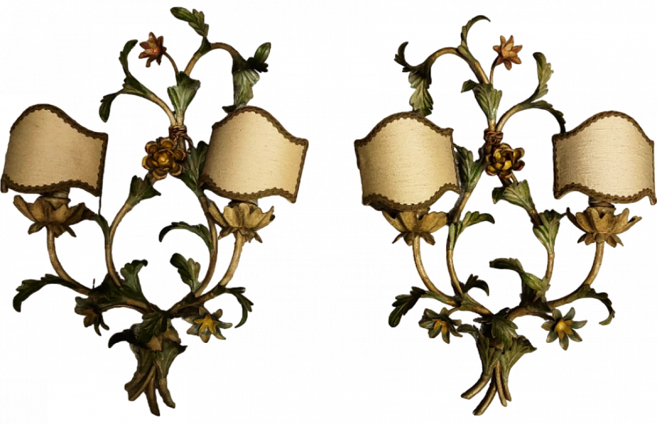 Pair of two-light wrought iron wall sconces, 1960s 5