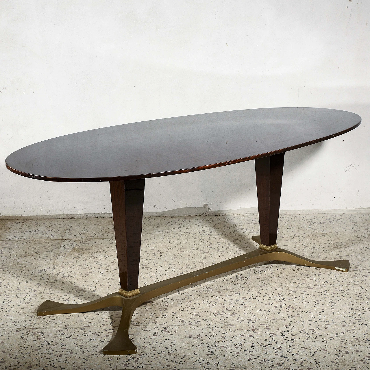 Brass & mahogany table with oval top by Osvaldo Borsani 3