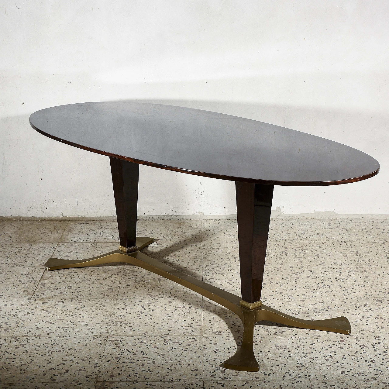 Brass & mahogany table with oval top by Osvaldo Borsani 4