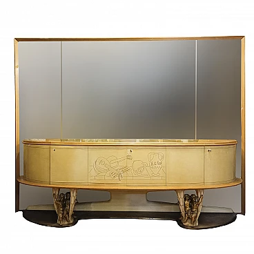 Parchment sideboard with mirror by Artigiani Canturini, 1950s