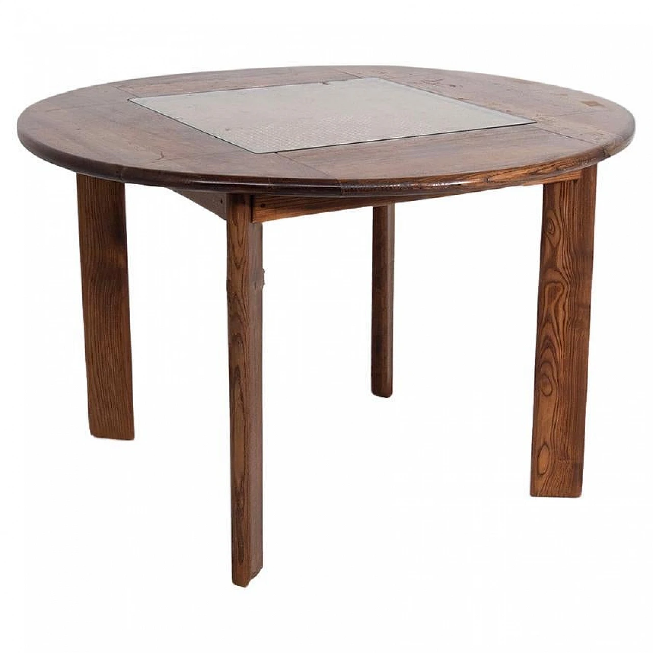 Round dining table in wood, Vienna straw & glass, 1960s 1