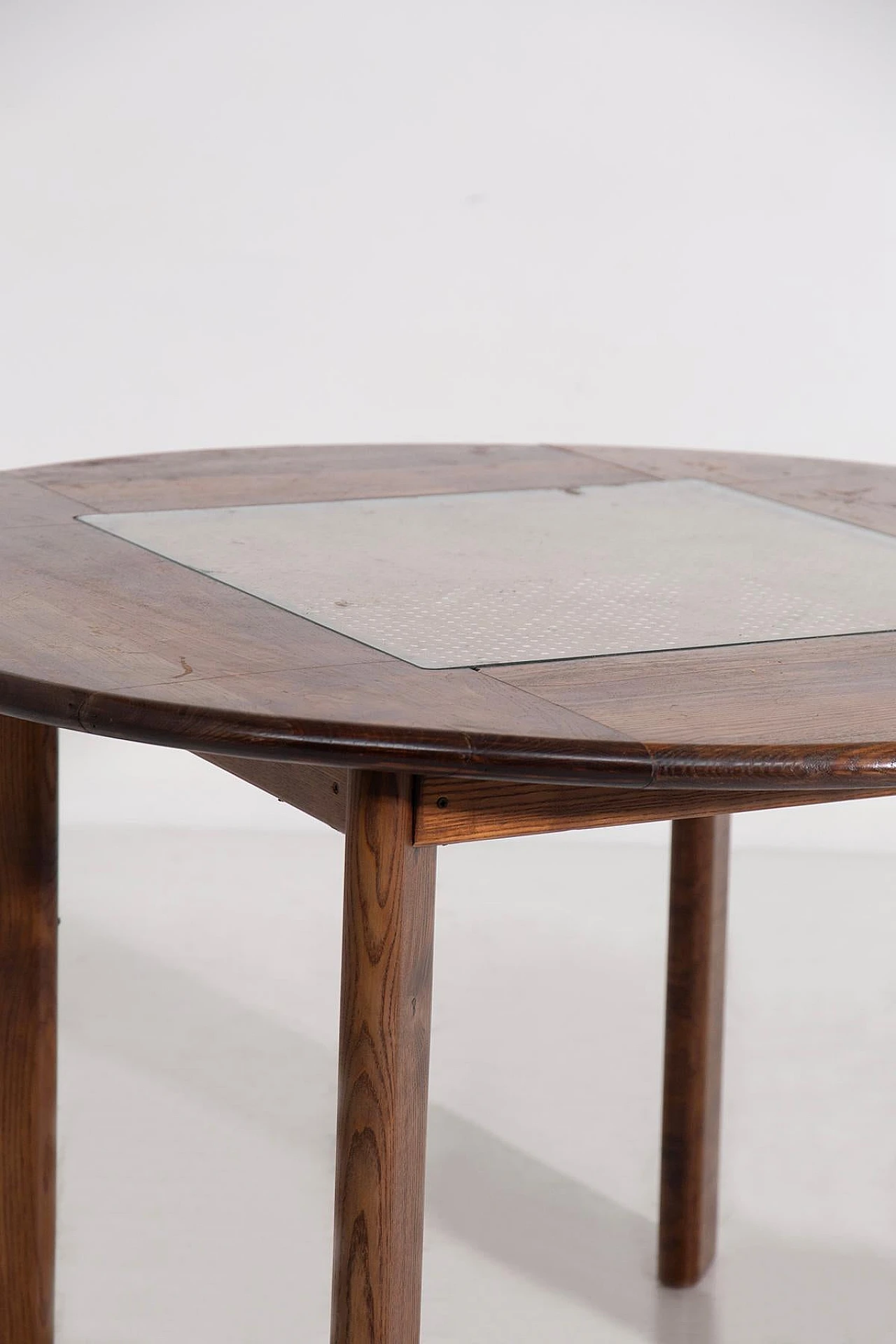 Round dining table in wood, Vienna straw & glass, 1960s 3