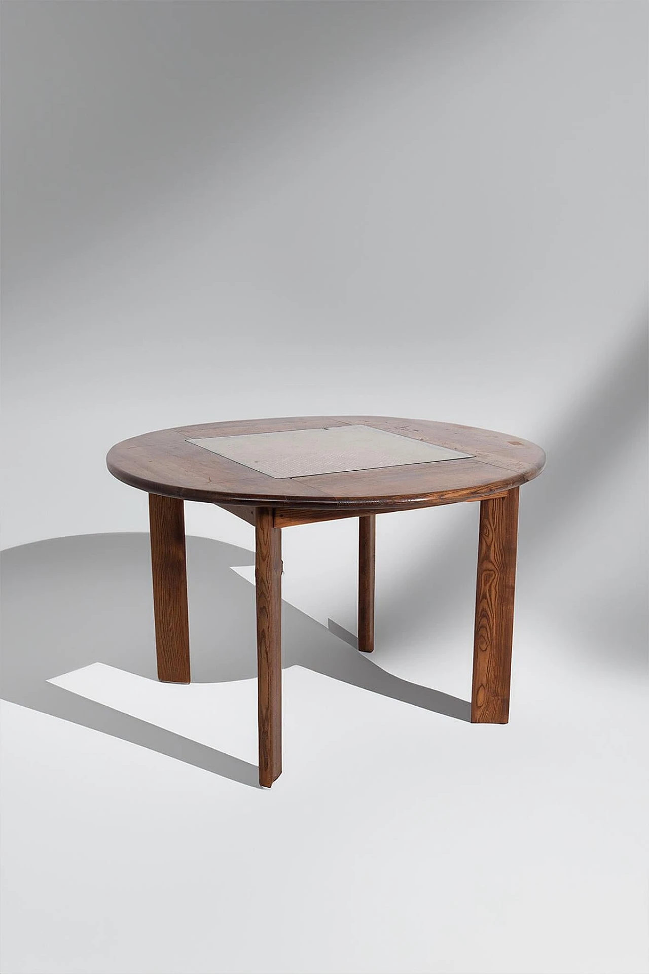 Round dining table in wood, Vienna straw & glass, 1960s 8