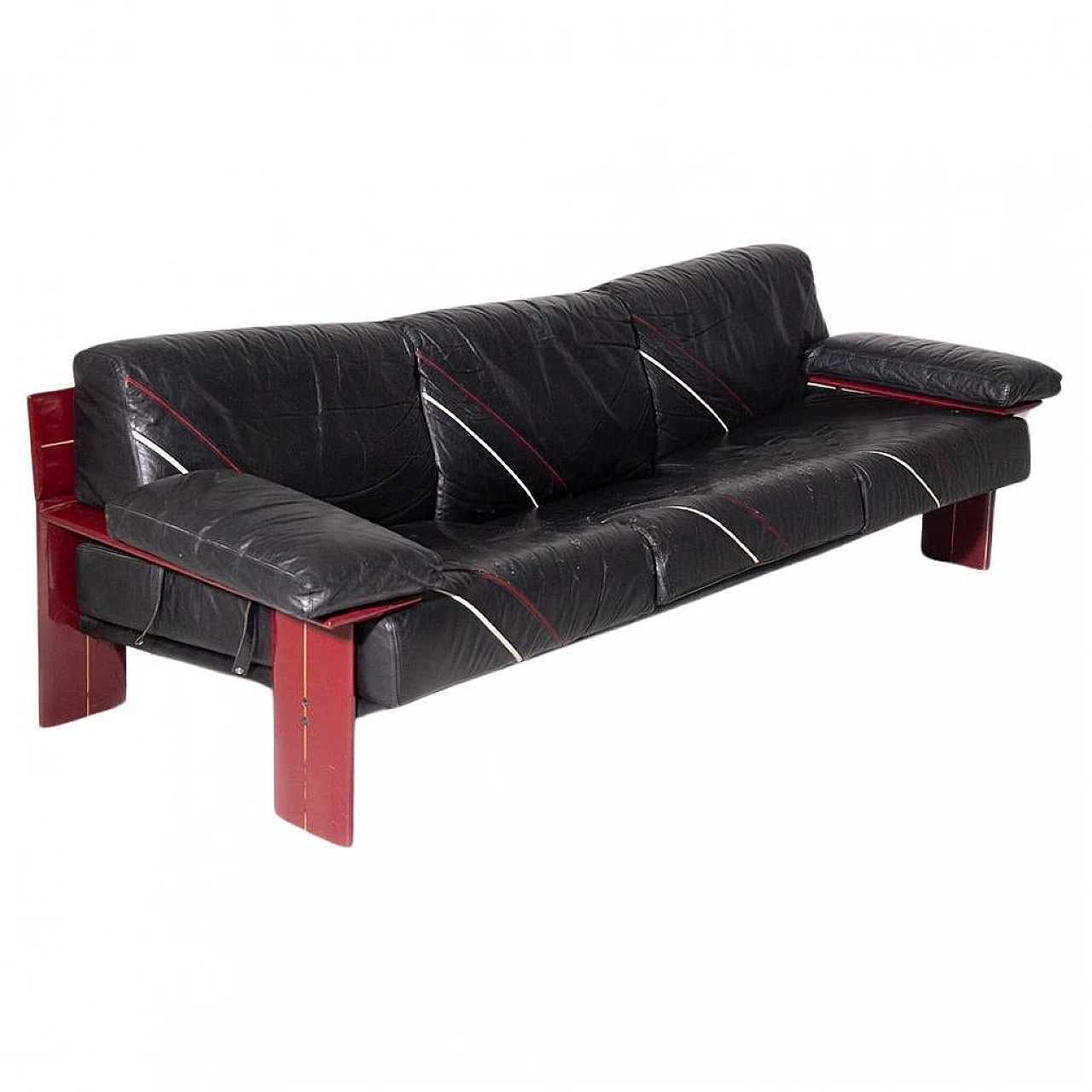 Red laquered wood & black leather sofa by Sormani, 1970s 1