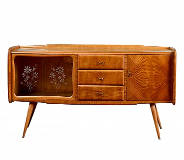 Wooden sideboard with doors & drawers and floral motifs, 1950s