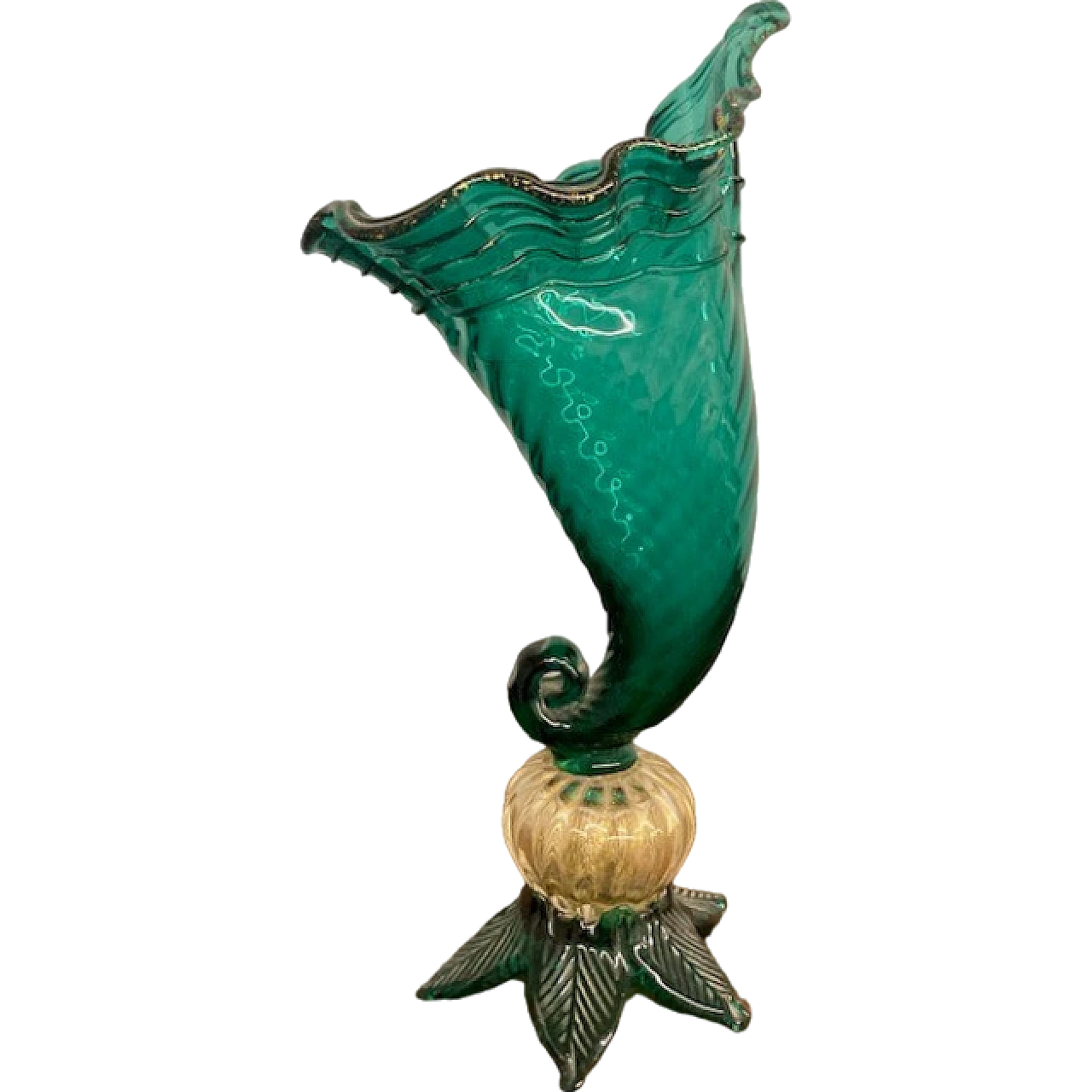 Emerald green and gold powdered glass cornucopia vase, 1950s 11