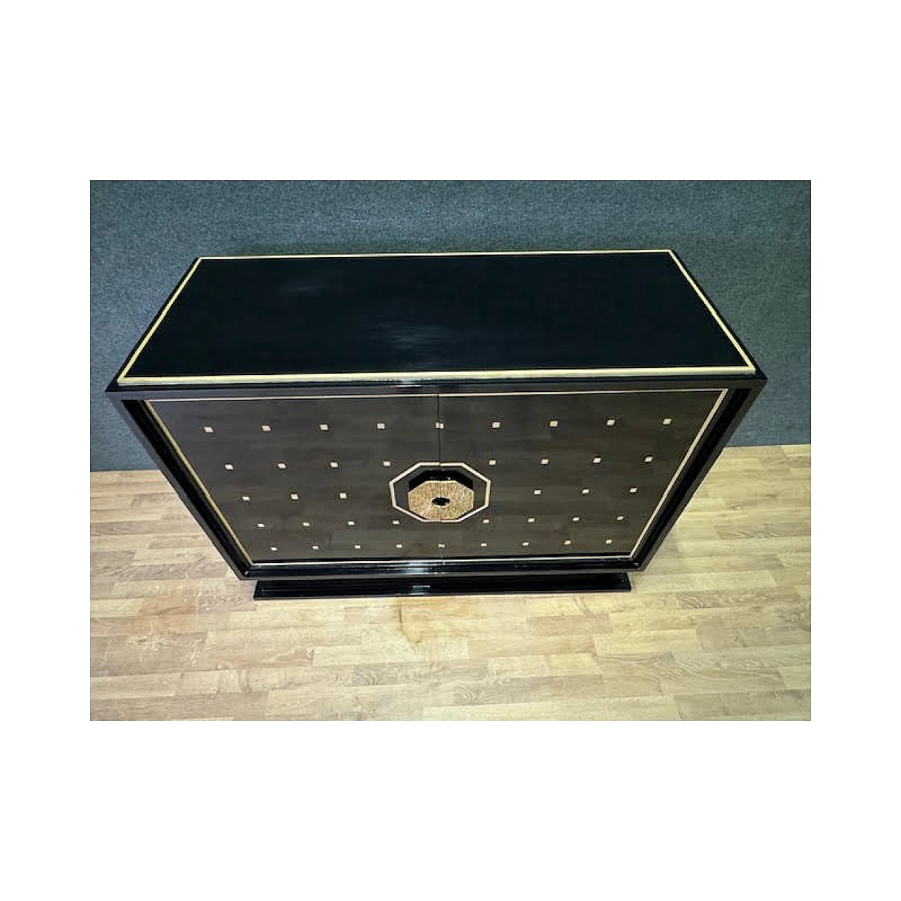 Two-doors sideboard in ebony-stained wood and glass top, 1970s 5