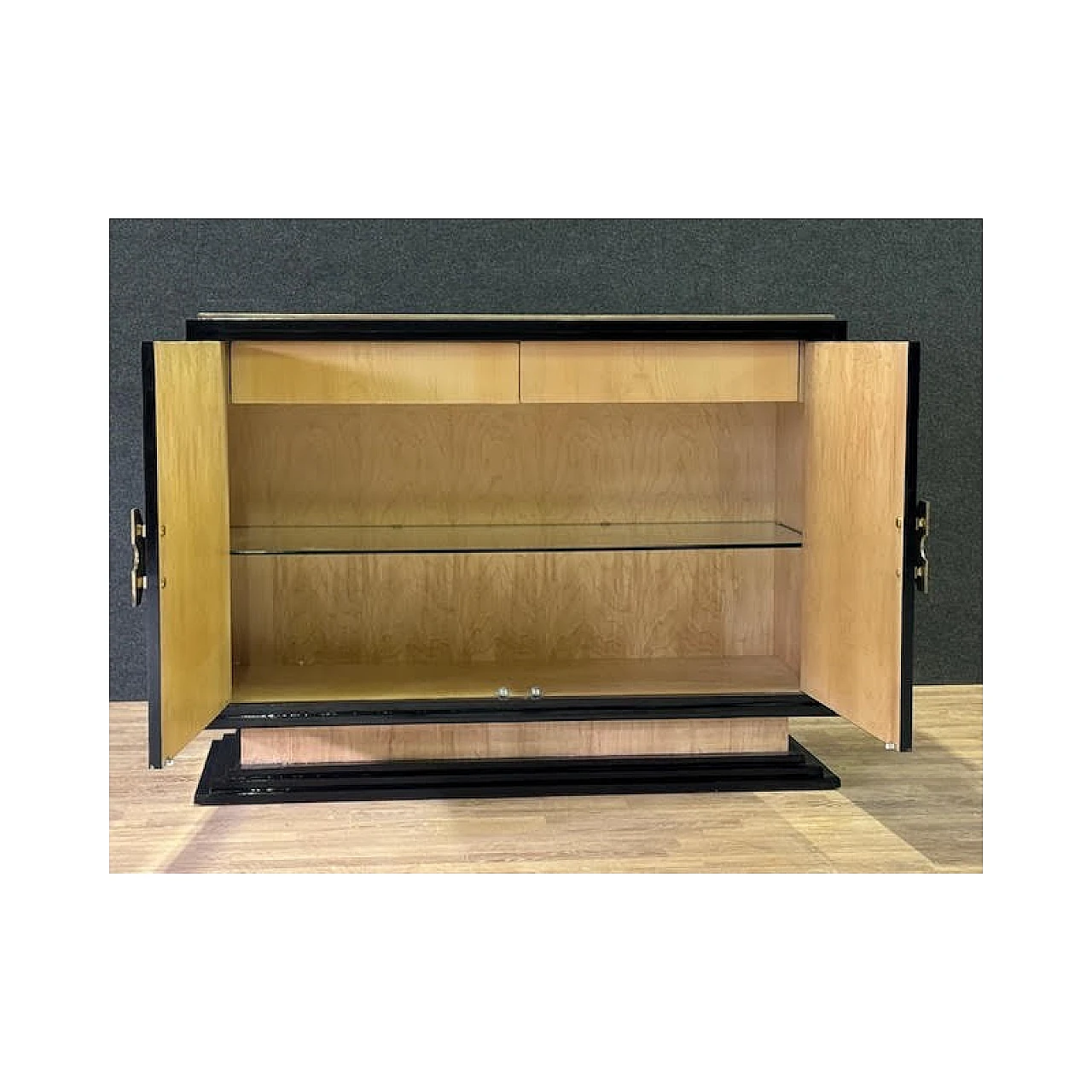 Two-doors sideboard in ebony-stained wood and glass top, 1970s 9