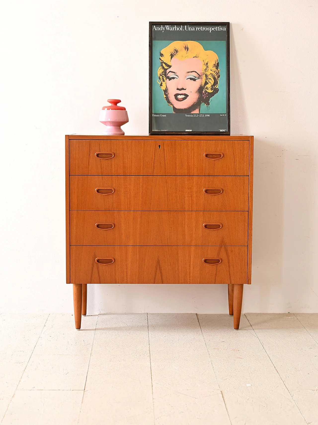 Scandinavian teak dresser with four drawers and lock, 1960s 1