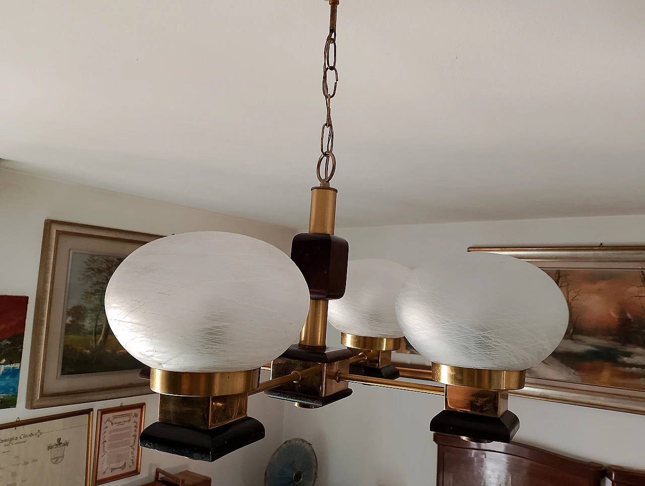 Lampadario in metallo, vetro e legno, anni '80 1