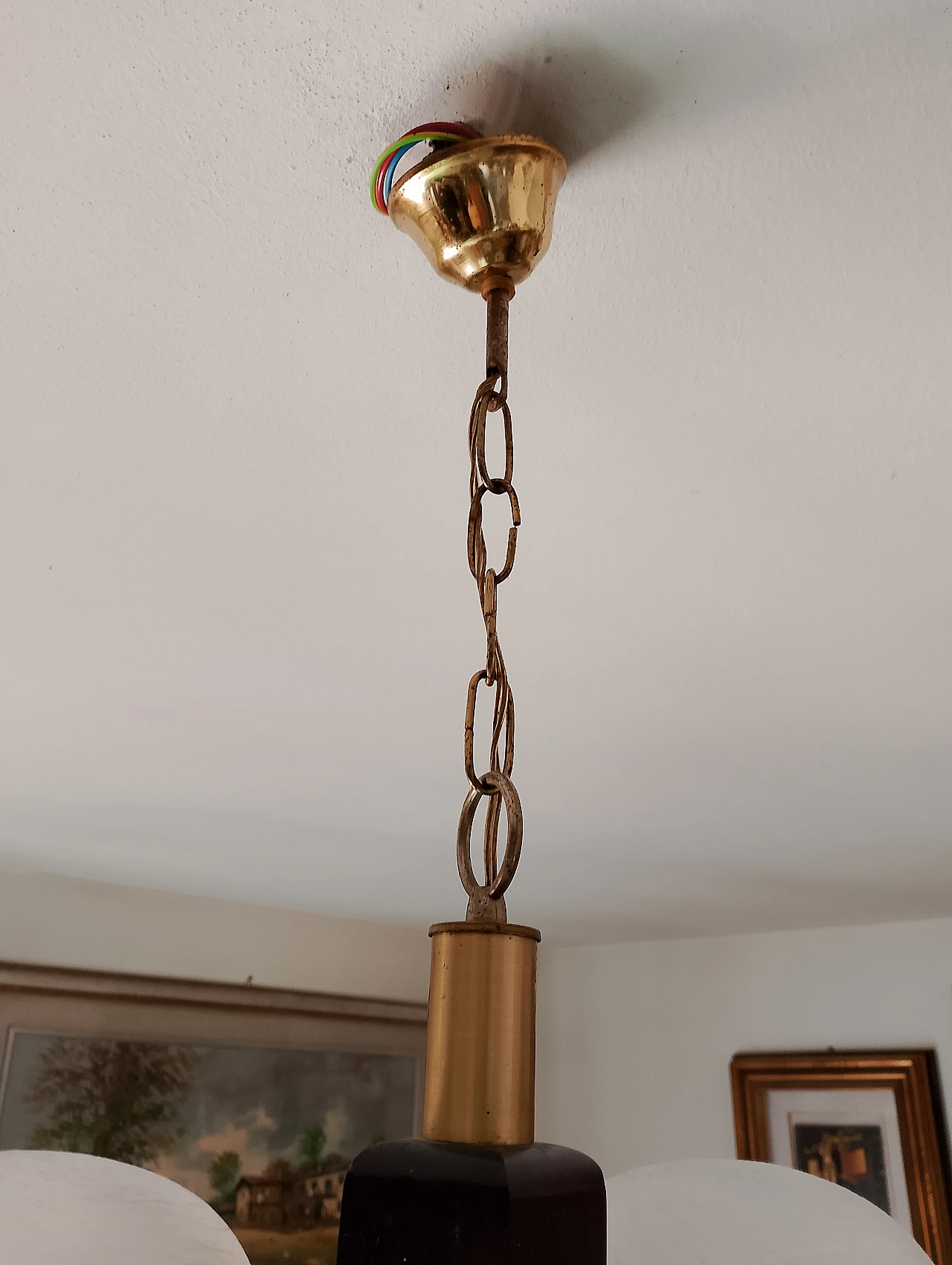 Metal, glass and wood chandelier, 1980s 2