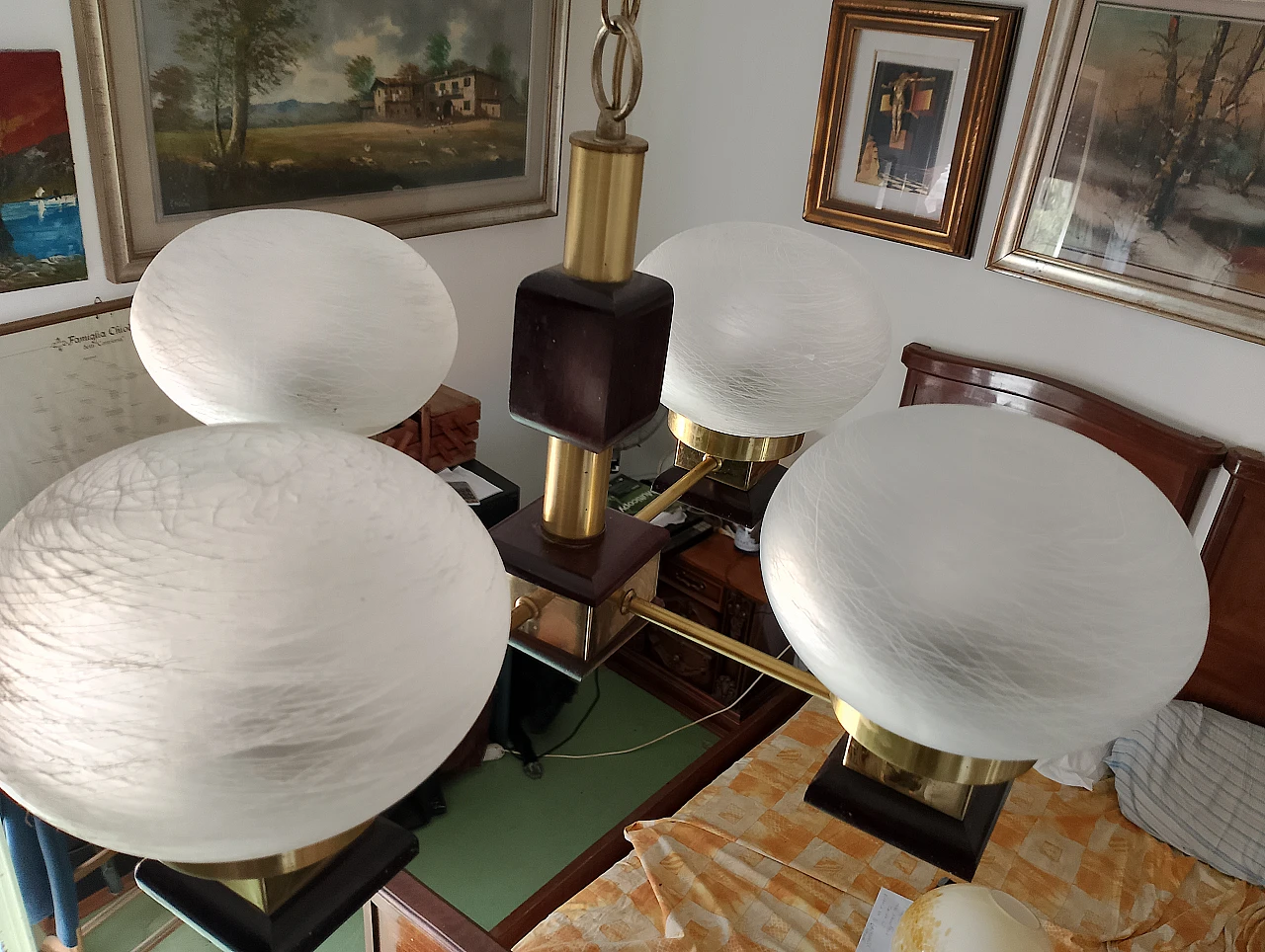 Lampadario in metallo, vetro e legno, anni '80 3