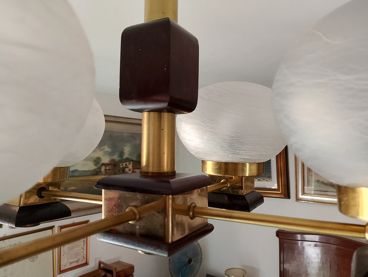 Lampadario in metallo, vetro e legno, anni '80 5