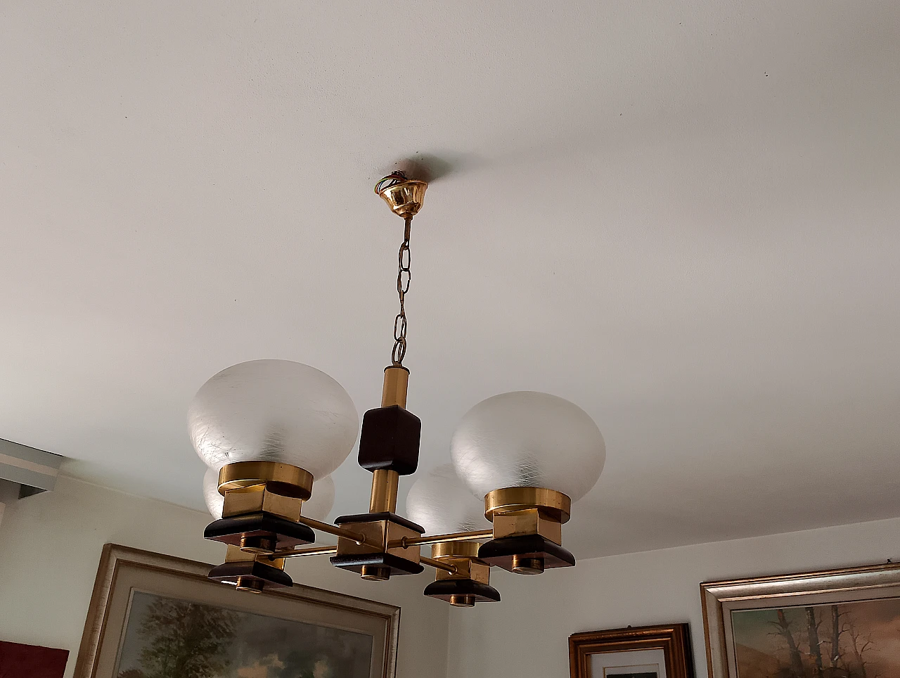 Metal, glass and wood chandelier, 1980s 10